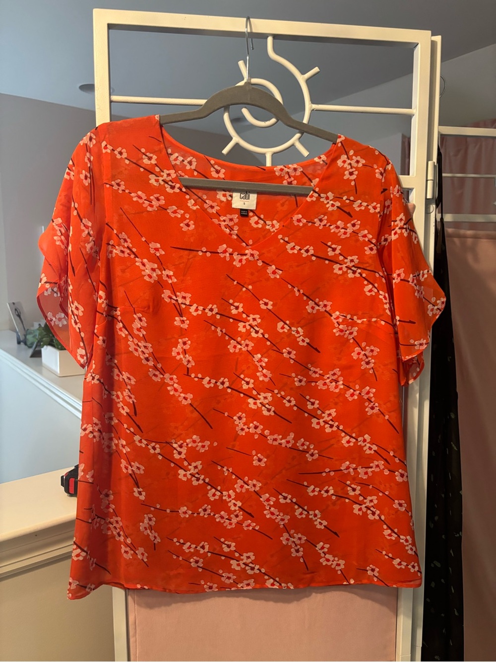 CAbi Orange Floral V-Neck Top with Pink Blossoms style #5712